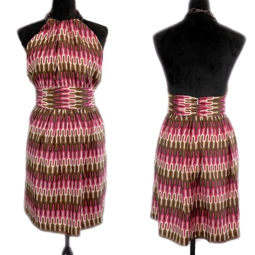 EUC - Milly of New York Pink-Brown Geo Silk Halter Dress